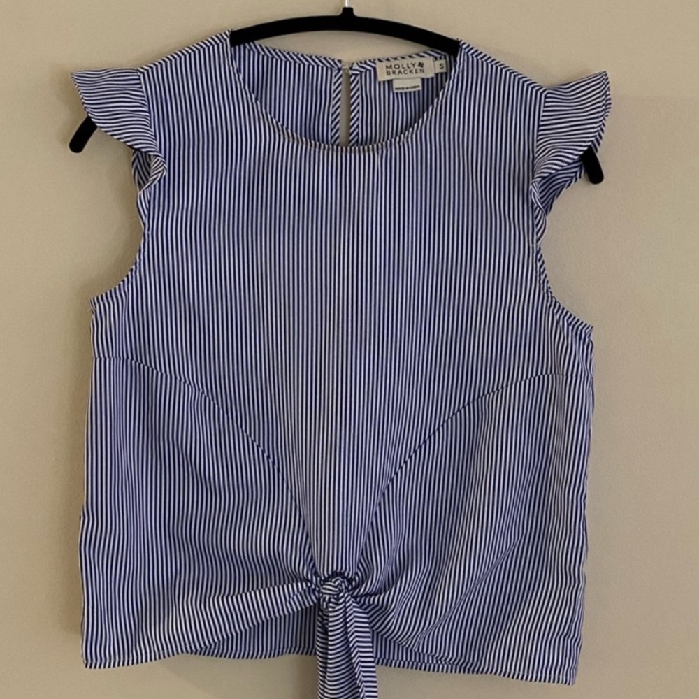 Molly Bracken Blue and White Striped Tie-Front Flutter Sleeve Top